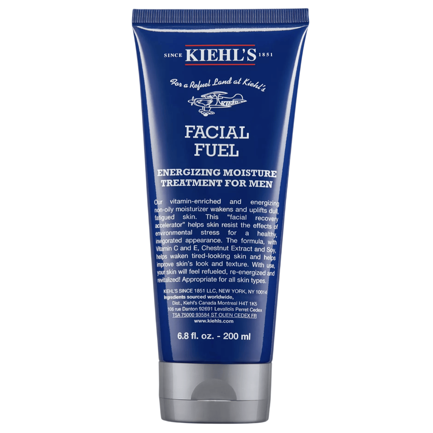 Kiehl's Facial Fuel Energizing Moisture Treatment for Men is a 6.8 fl oz (200 ml) non-oily moisturizer with Vitamin C, E, Chestnut Extract, and Soy to revitalize and improve skin’s texture for all skin types.