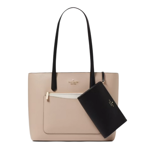 Beige tote bag with black handles, featuring a front zippered pocket and an attached black pouch. The brand's logo is embossed on both items.