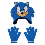 Blue hat and gloves set featuring a cartoon hedgehog design, with the hat resembling the character's face and spikes.