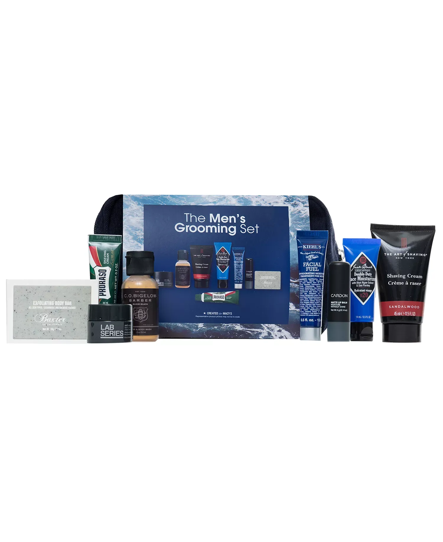 The Men's Grooming Set includes exfoliating body bar, facial fuel, shaving cream, moisturizer, and various grooming products from brands like Proraso, C.O. Bigelow, and Jack Black, housed in a blue pouch.