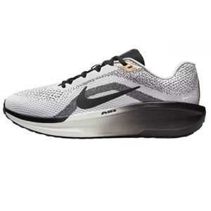 Nike Men's Winflo 11 SE Shoes feature a sleek white and black design with a knitted mesh upper, black swoosh, and contrasting gradient midsole with \“Air\“ branding for cushioning.