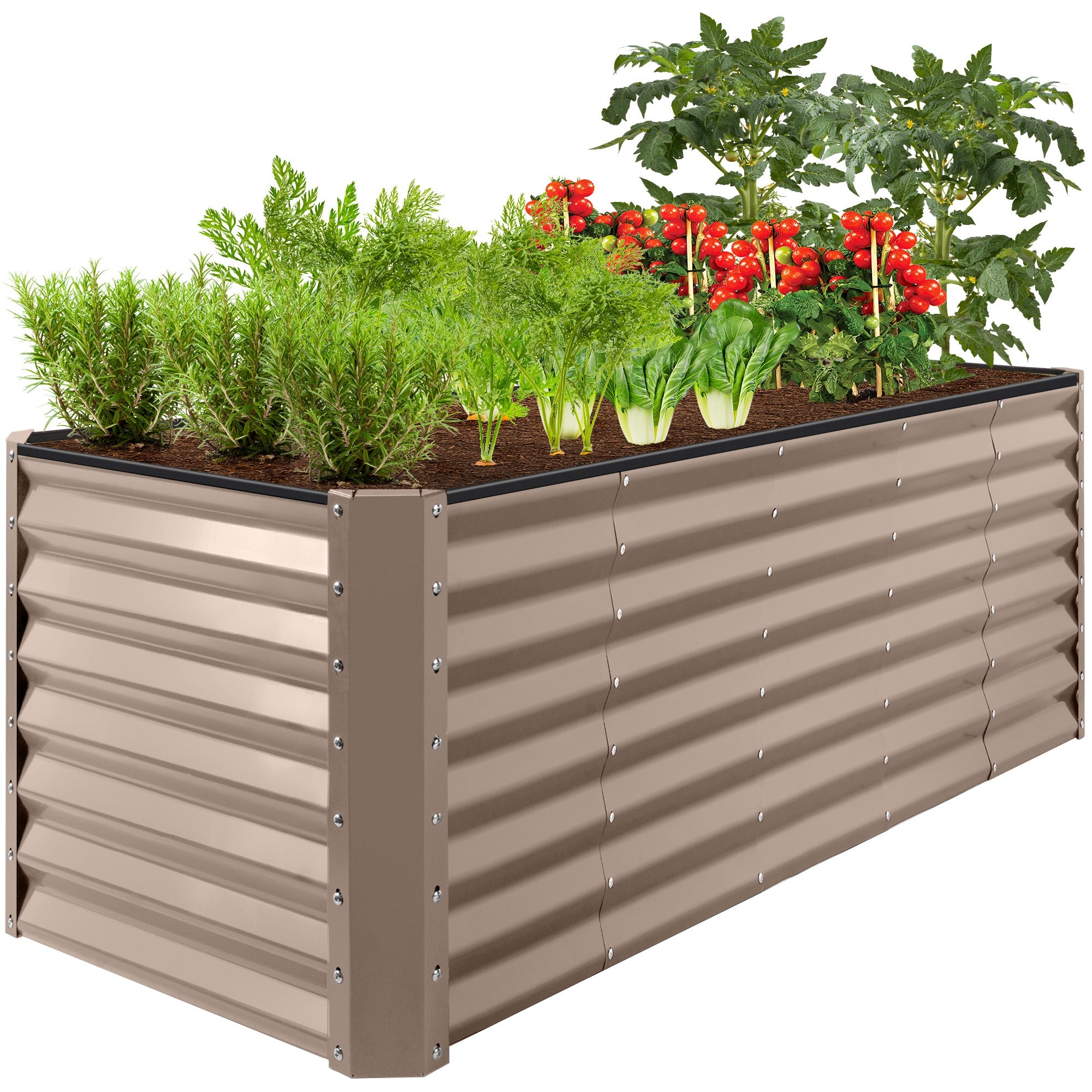 A steel garden bed with plants, featuring corrugated metal sides in a tan color and sturdy corner posts. Dimensions: 8 feet by 2 feet.