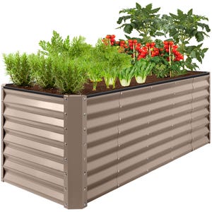 A steel garden bed with plants, featuring corrugated metal sides in a tan color and sturdy corner posts. Dimensions: 8 feet by 2 feet.