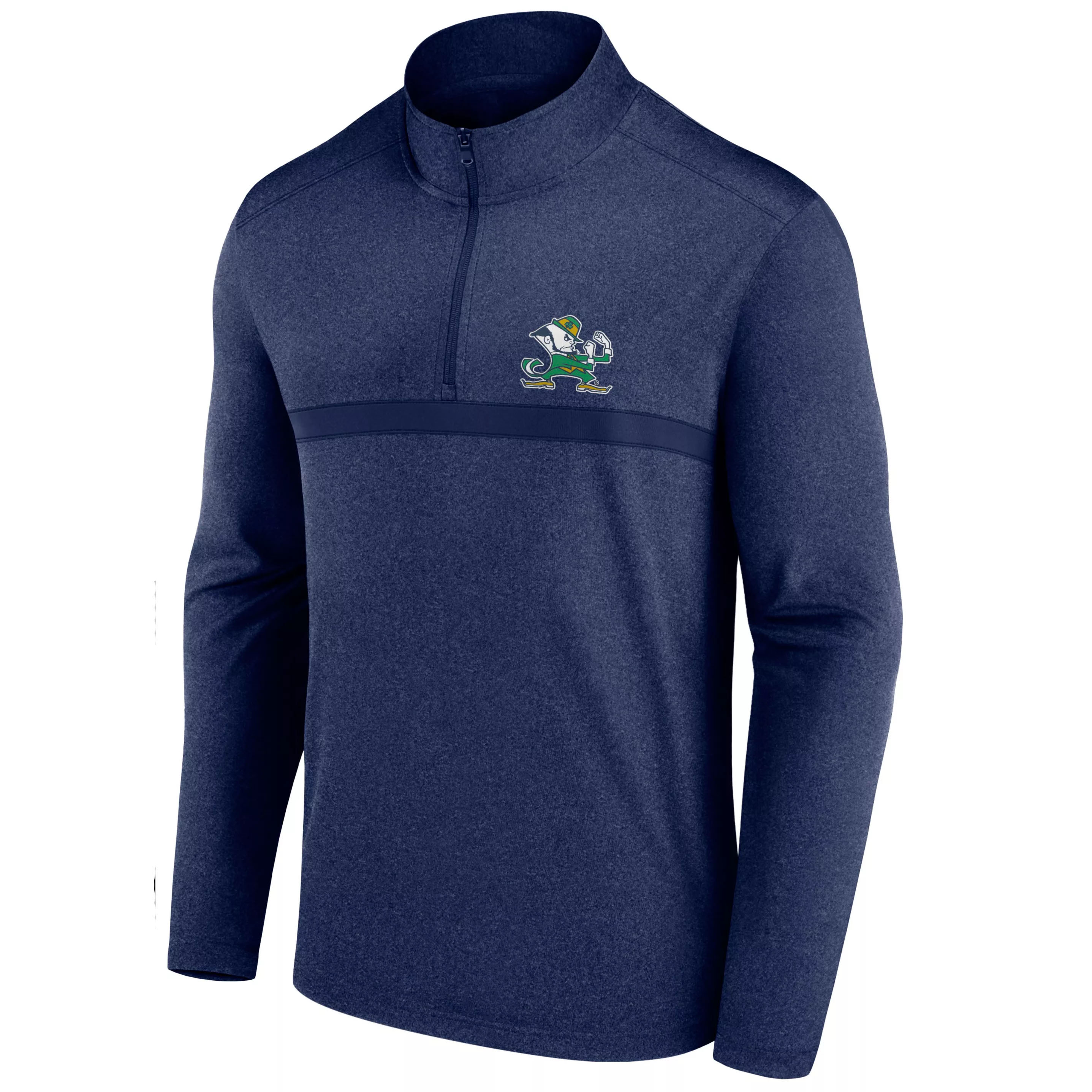 A navy blue quarter-zip pullover featuring a logo of a leprechaun in green and yellow.