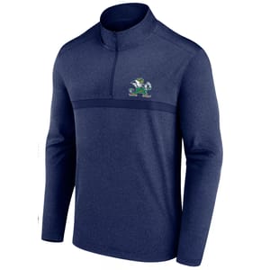A navy blue quarter-zip pullover featuring a logo of a leprechaun in green and yellow.
