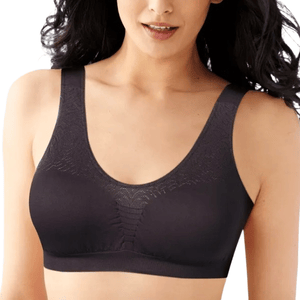 A seamless black bra with a textured design and wide straps, offering full coverage support.