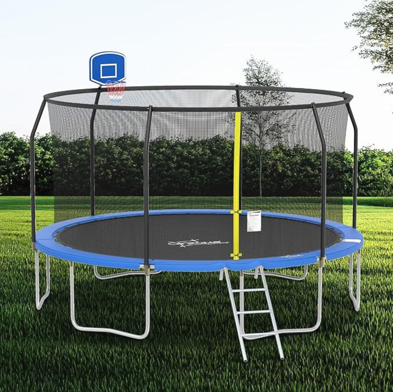 14' trampoline with safety net enclosure, yellow zipper entry, ladder, and attached basketball hoop. Sturdy frame with blue padding, set outdoors on grass.