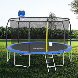 14' trampoline with safety net enclosure, yellow zipper entry, ladder, and attached basketball hoop. Sturdy frame with blue padding, set outdoors on grass.