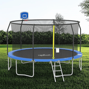14' trampoline with safety net enclosure, yellow zipper entry, ladder, and attached basketball hoop. Sturdy frame with blue padding, set outdoors on grass.