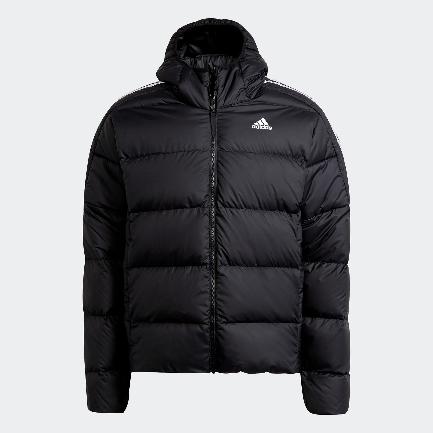 Black Adidas hooded puffer jacket with front zipper and brand logo on the left chest.