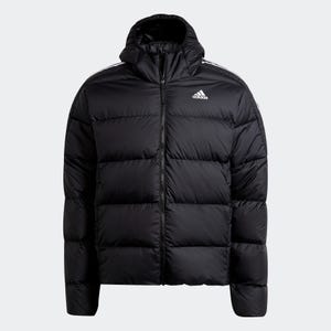 Black Adidas hooded puffer jacket with front zipper and brand logo on the left chest.