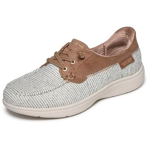 Casual slip-on sneaker with a striped fabric upper and brown leather accents, featuring a lace-up design and cushioned white sole.