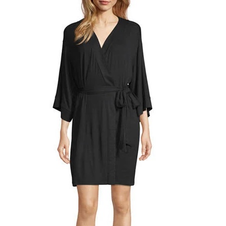 A black kimono-style robe with three-quarter sleeves, a V-neckline, and a waist tie. It has a straight hemline that falls around knee-length.