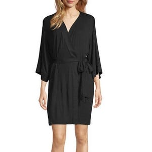 A black kimono-style robe with three-quarter sleeves, a V-neckline, and a waist tie. It has a straight hemline that falls around knee-length.