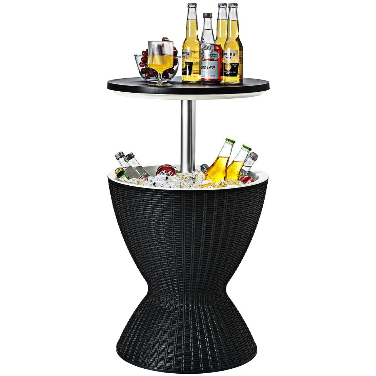 A black wicker-style patio cooler bar table with a dual function: the top serves as a tabletop, and the base is a cooler filled with ice and assorted beverage bottles.