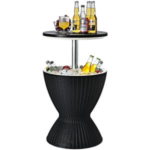 A black wicker-style patio cooler bar table with a dual function: the top serves as a tabletop, and the base is a cooler filled with ice and assorted beverage bottles.