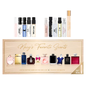 A sampler set featuring various fragrance vials from brands like Coach, Dolce & Gabbana, Montblanc, and Jimmy Choo, labeled as Macy's Favorite Scents, includes options for both men and women.