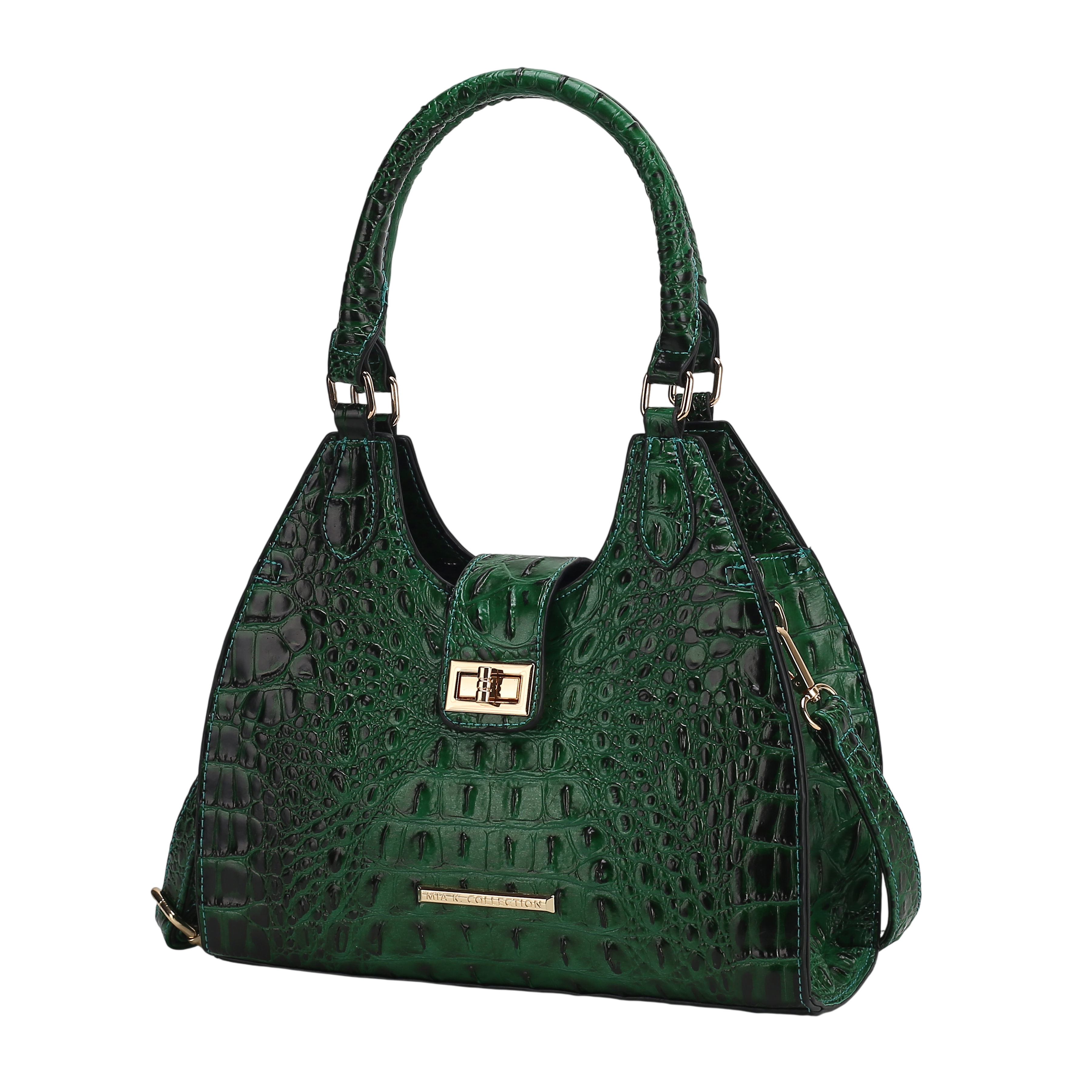 A green, crocodile-textured handbag with dual top handles and a gold-tone clasp, featuring a detachable strap.