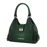 A green, crocodile-textured handbag with dual top handles and a gold-tone clasp, featuring a detachable strap.