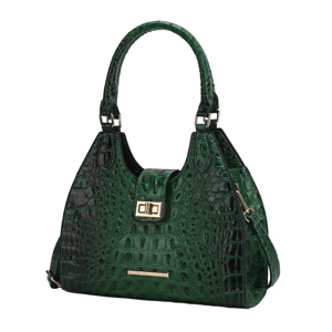 A green, crocodile-textured handbag with dual top handles and a gold-tone clasp, featuring a detachable strap.