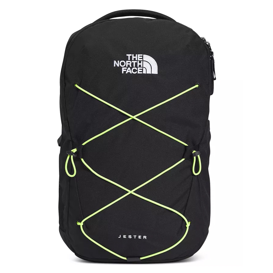A black North Face Jester backpack with neon green bungee cords and \“JESTER\“ text on the front, featuring a top handle and zippered compartment.