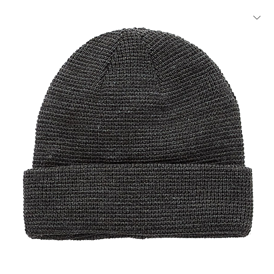 A dark gray, knit beanie with a classic fold-over cuff, suitable for men.