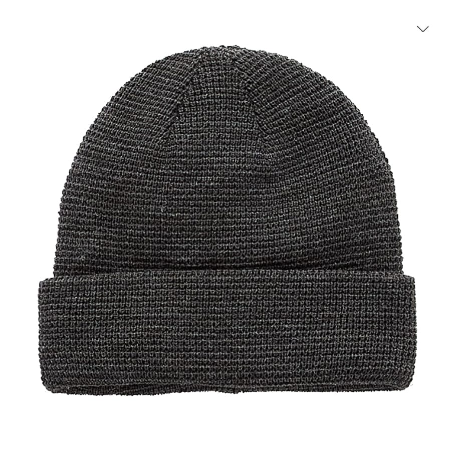 A dark gray, knit beanie with a classic fold-over cuff, suitable for men.
