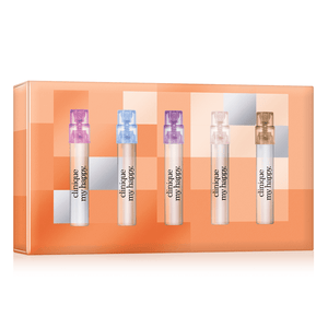 Clinique My Happy Fragrance Sampler includes five small spray bottles in an orange checked box, featuring different scents with colored caps: two purple, one blue, one clear, and one gold.