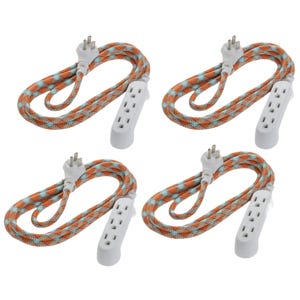 Four 8-foot extension cords with three outlets each, featuring a colorful orange and blue patterned fabric covering and a standard plug at one end.