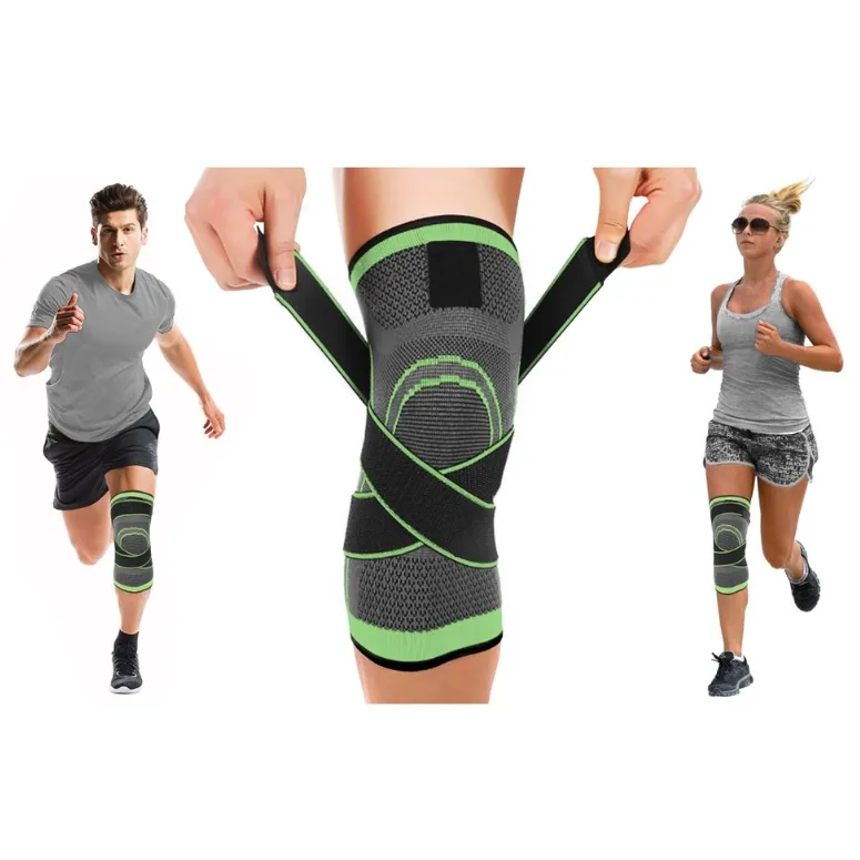 Knee compression sleeve with adjustable straps for support, shown on a leg and worn by two people running.