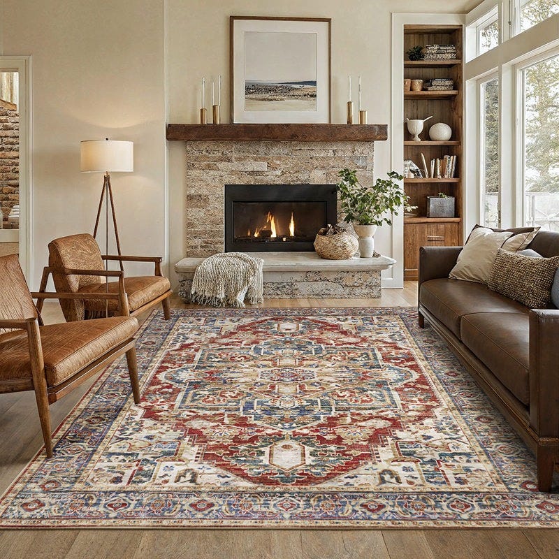 Living room with a plush, multicolored area rug featuring an intricate pattern, placed in front of a stone fireplace. Flanked by two brown leather armchairs and a sofa, with a modern floor lamp and decorative plants enhancing the cozy atmosphere.