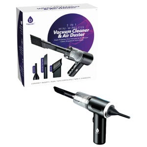2-in-1 mini wireless vacuum cleaner and air duster with dual functionality. Includes a crevice tool, dust and air nozzle, and brush; features Type-C charging and compact design for easy cleaning.