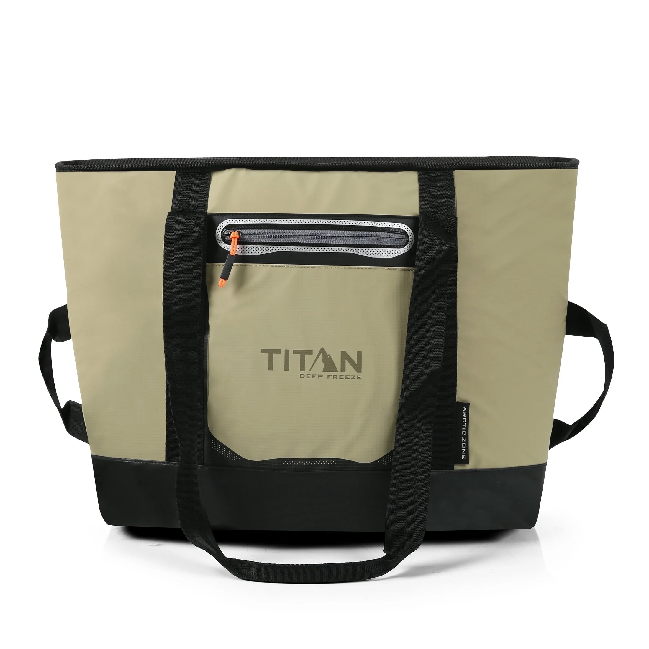 A beige and black Titan Deep Freeze insulated tote bag with a front zippered pocket and carry handles.