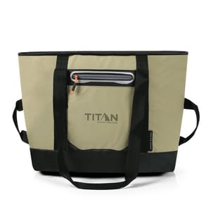 A beige and black Titan Deep Freeze insulated tote bag with a front zippered pocket and carry handles.