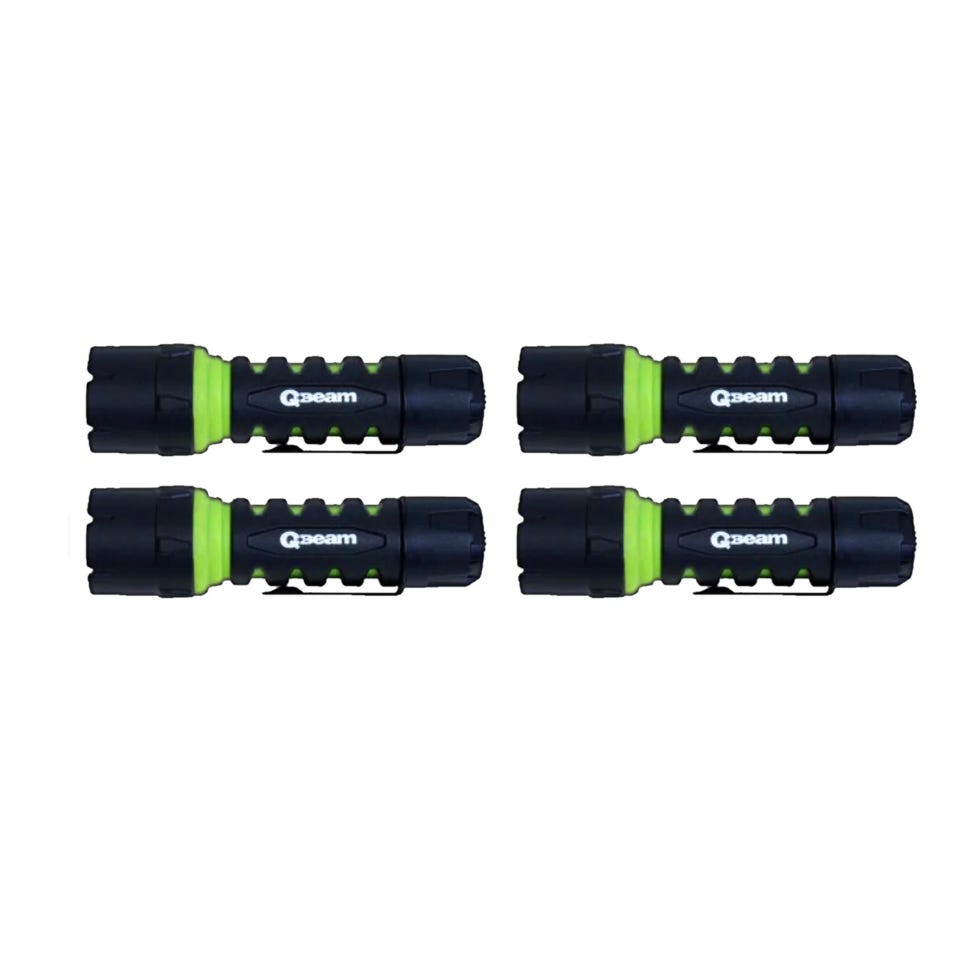 Four identical black and green branded flashlights displayed in two rows.