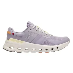 A lilac athletic shoe with a sleek design, featuring a breathable mesh upper, thick cushioned sole, and distinctive cut-out holes for enhanced airflow.