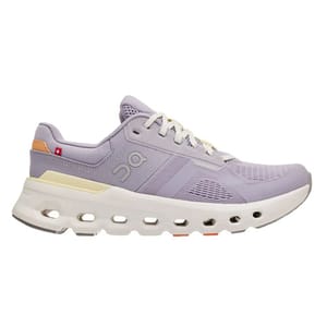 A lilac athletic shoe with a sleek design, featuring a breathable mesh upper, thick cushioned sole, and distinctive cut-out holes for enhanced airflow.