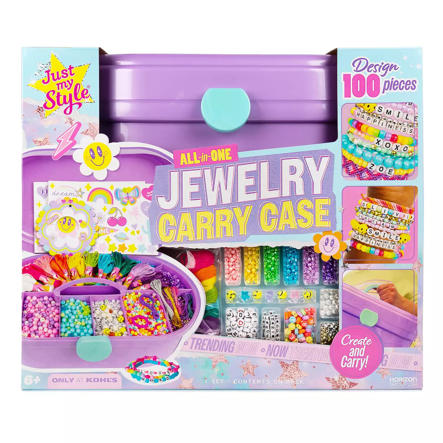 The Just My Style Jewelry-Making Kit includes a purple carry case, colorful beads, letter beads, and embroidery threads to design up to 100 pieces of jewelry.