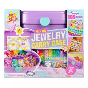 The Just My Style Jewelry-Making Kit includes a purple carry case, colorful beads, letter beads, and embroidery threads to design up to 100 pieces of jewelry.