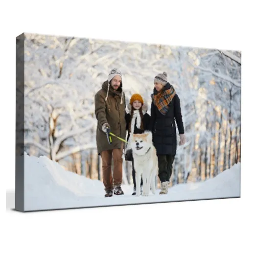 A family is walking their dog in a snowy winter landscape. They are all bundled up in winter clothing, including hats and scarves, with snow-covered trees in the background. Canvas dimensions: 30\“ x 20\“.