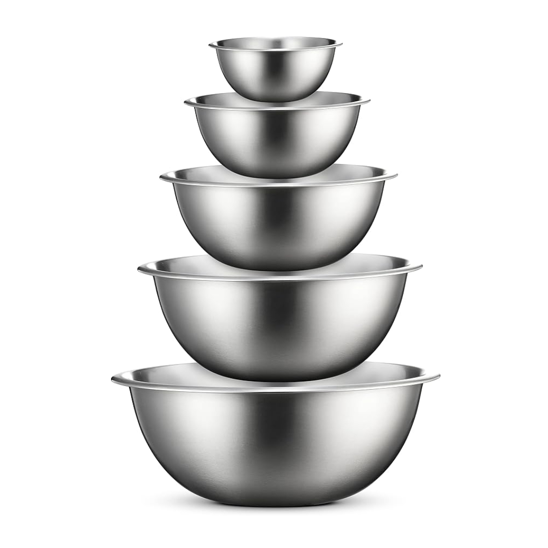 A set of five nested stainless steel mixing bowls of different sizes.