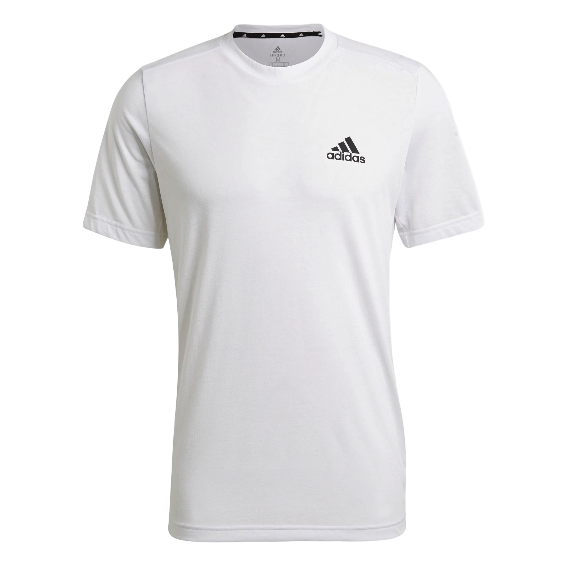 White Adidas t-shirt with a crew neck and short sleeves, featuring the Adidas logo on the chest.