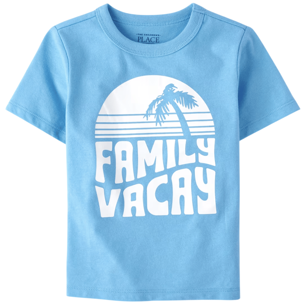 Blue T-shirt with \“Family Vacay\“ text and a palm tree graphic in white.