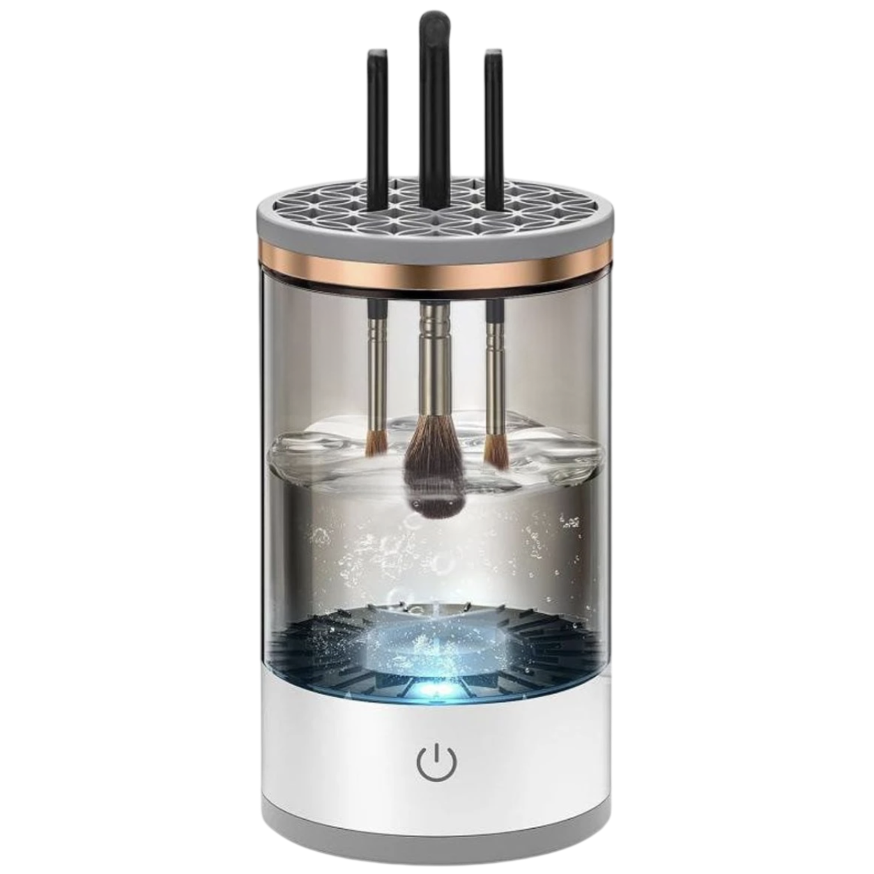 An electric makeup brush cleaner featuring a transparent container with brushes immersed in water, designed for easy and efficient cleaning.