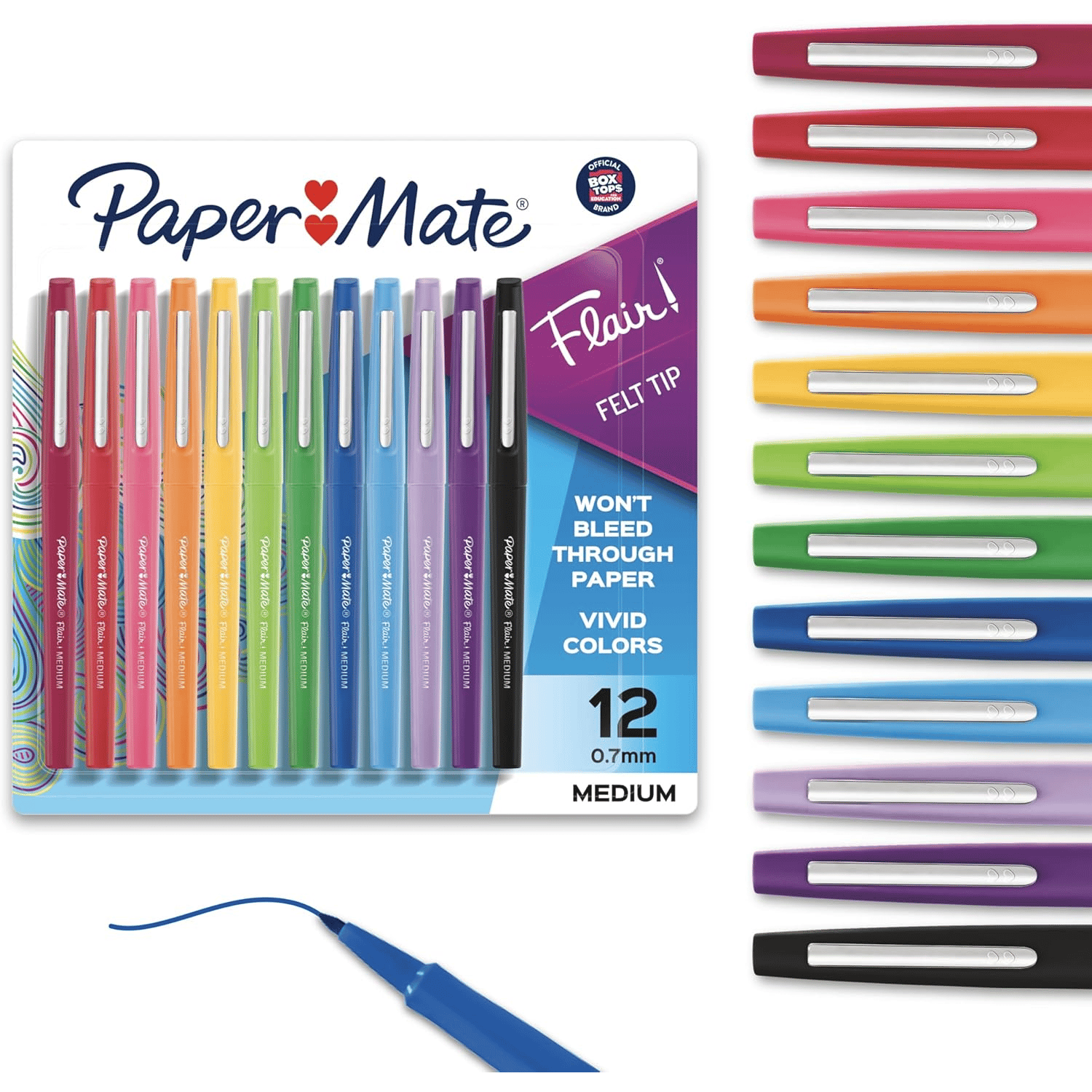 Paper Mate Flair Felt Tip Pens, 12-count, with medium 0.7mm tips, offer vivid colors that won't bleed through paper.