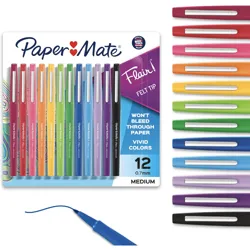 Paper Mate Flair Felt Tip Pens, 12-count, with medium 0.7mm tips, offer vivid colors that won't bleed through paper.