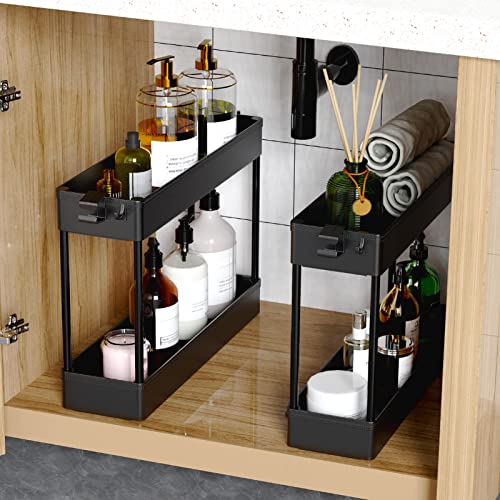 This is a 4-tier rolling storage shelf with a slim, vertical black metal frame, housing various bath items on its shelves within a bathroom setting.