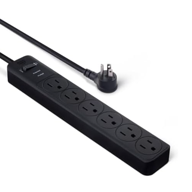 A black power strip with six outlets and a three-prong plug, featuring an on/off switch and a surge protector indicator.