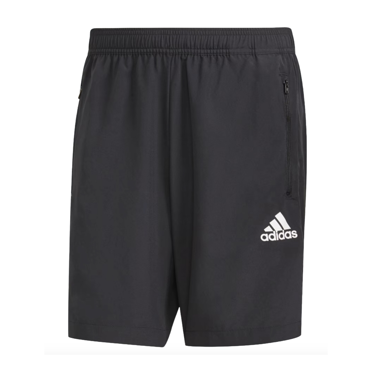 Black Adidas Aeroready shorts featuring an elastic waistband, zippered side pocket, and the Adidas logo in white on the front.