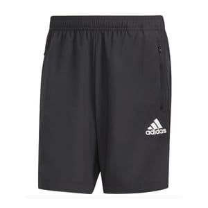 Black Adidas Aeroready shorts featuring an elastic waistband, zippered side pocket, and the Adidas logo in white on the front.